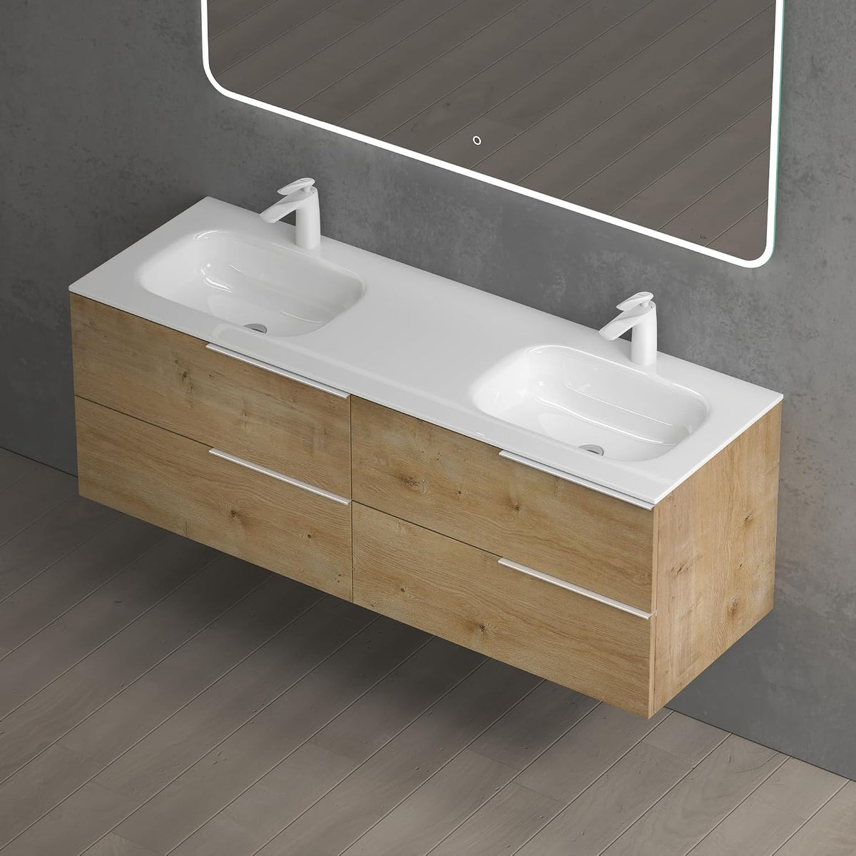 glasvilla Waschbeckenunterschrank 4 Schubladen Kerneiche mit Doppelwaschbecken BTH: 144x48x52cm Vanessa