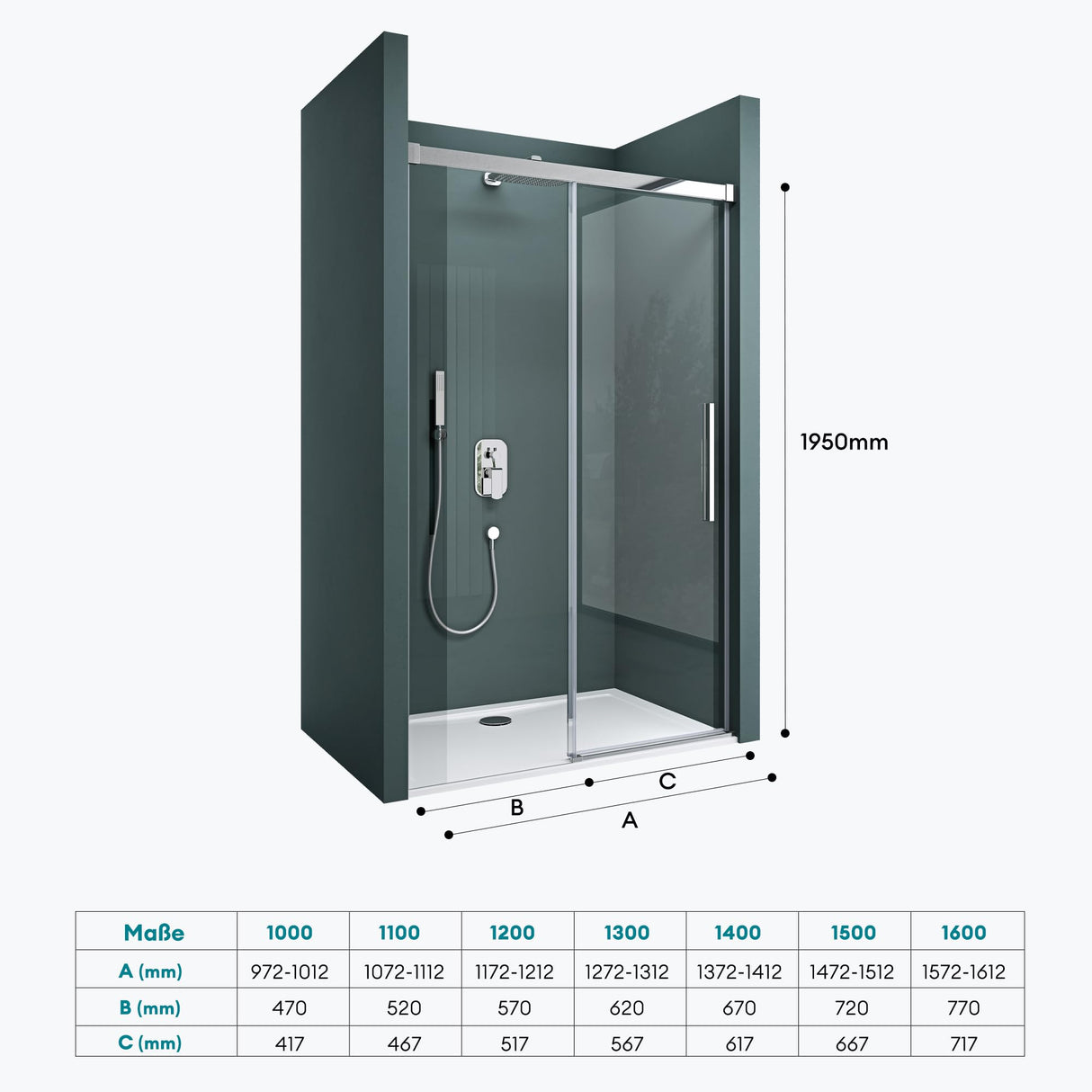 Porte de douche Glasvilla, porte de niche, cloison de douche, cabine de douche, porte coulissante en niche, verre de sécurité ESG de 6 mm, fermeture amortie incluse, Teramo12K