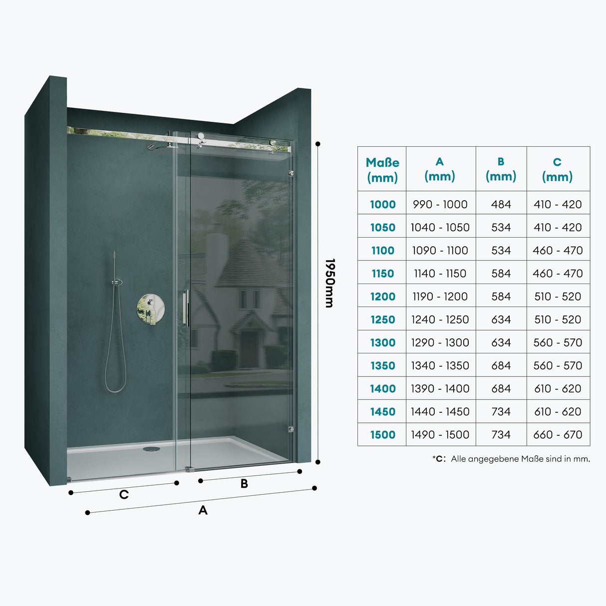 Porte de douche glasvilla Porte de niche Douche Cloison de douche Cabine de douche Porte coulissante ESG 8 mm en verre transparent avec fixation NANO 4 points Teramo04-2