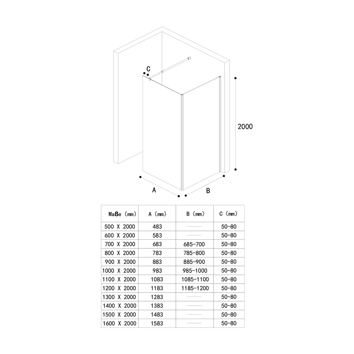 glasvilla Box Doccia Walk-In, Parete Doccia in Vetro Trasparente 8mm di Sicurezza ESG con Stabilizzatore Rettangolare, Cabina Doccia in Vetro con Nano Rivestimento BremenL
