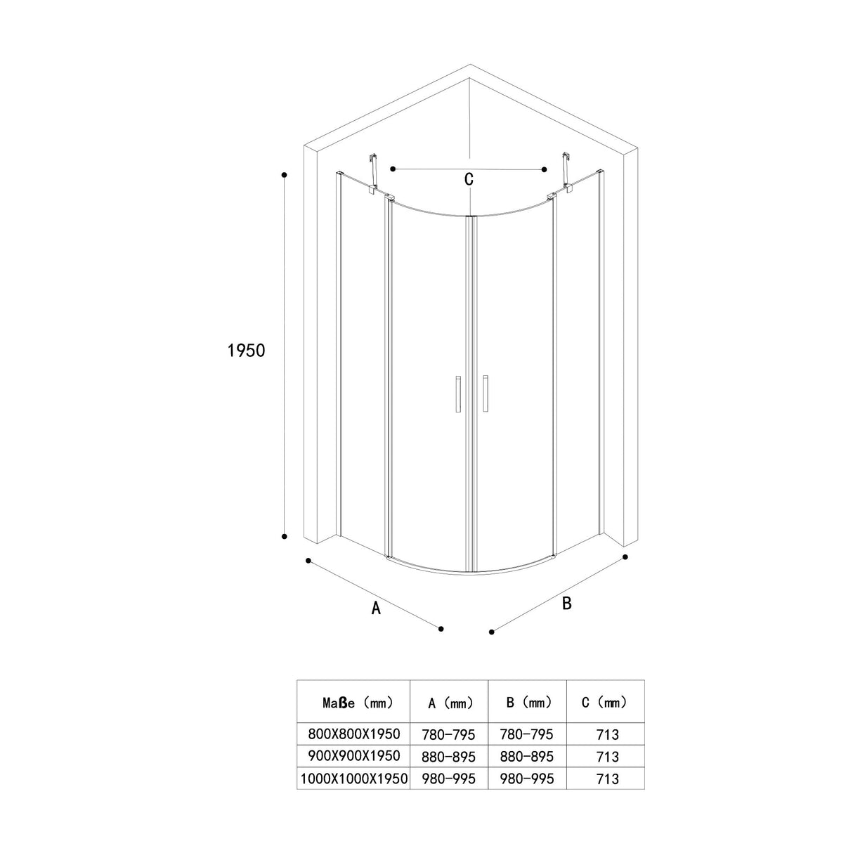 glasvilla Duschabtrennung Viertelkreis mit 2 Drehtüren Dusche ESG-Sicherheitsglas Nano-Beschichtung Ravenna52K Schwarz