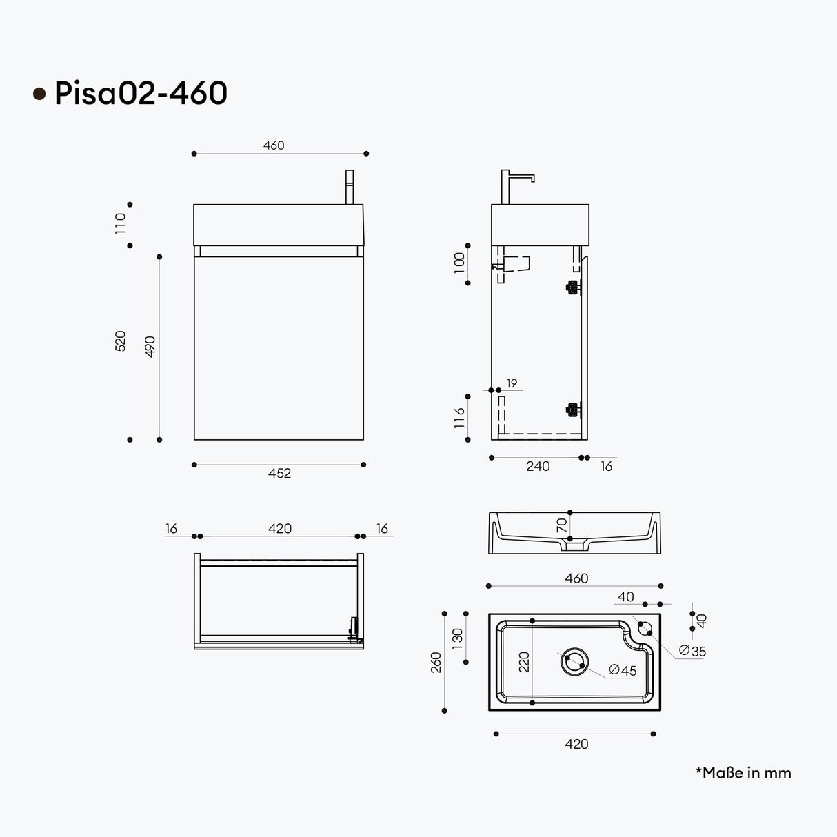 glasvilla Mobile Bagno Sospeso con Lavabo Antracite Opaco Mobiletto da Bagno 46x26x63cm Pisa02