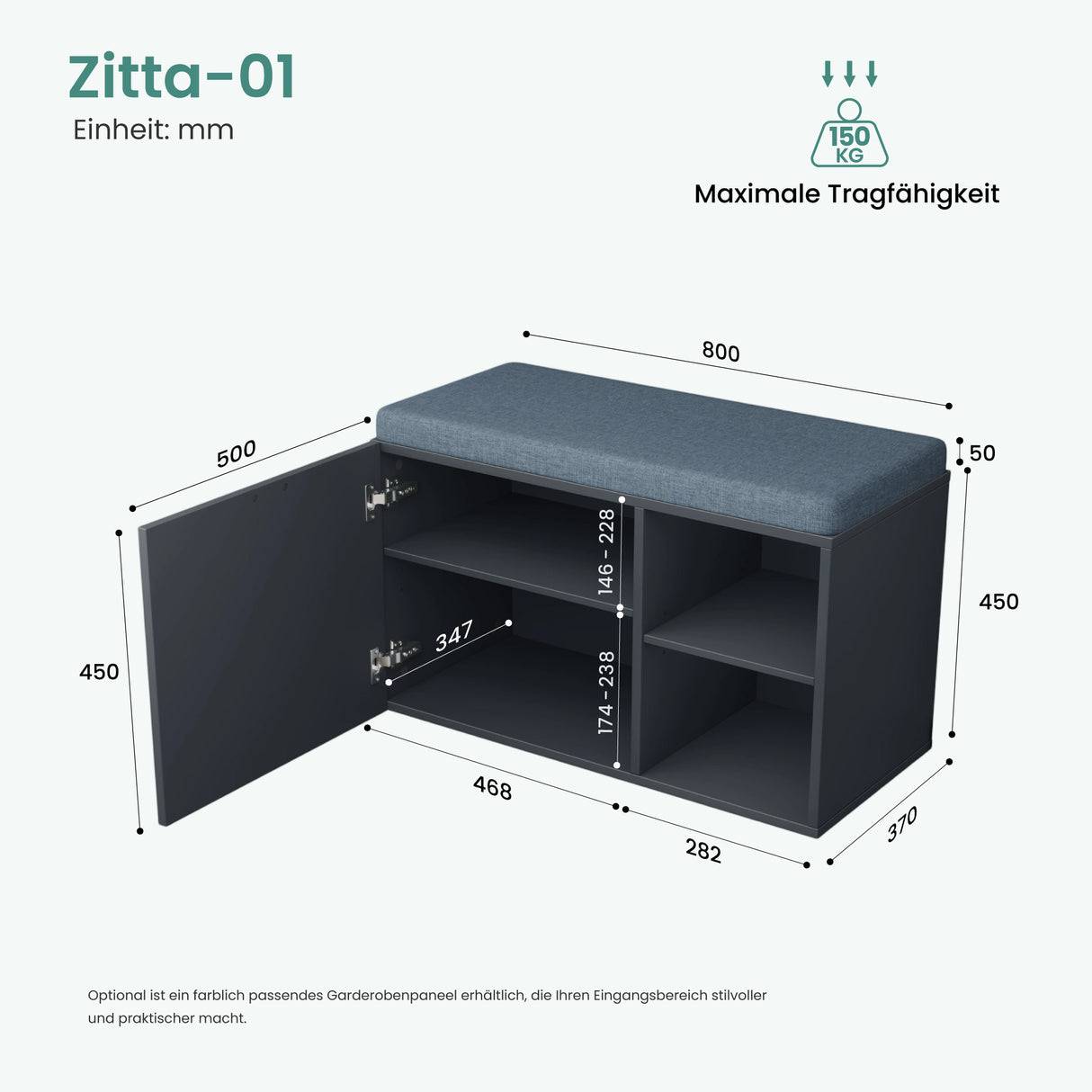glasvilla Schuhbank mit Sitzfläche, Schuhregal mit Schiebetüren und offenen Fächern, gepolsterter Sitz, verstellbare Ablagen 80x37x50cm Zitta-01