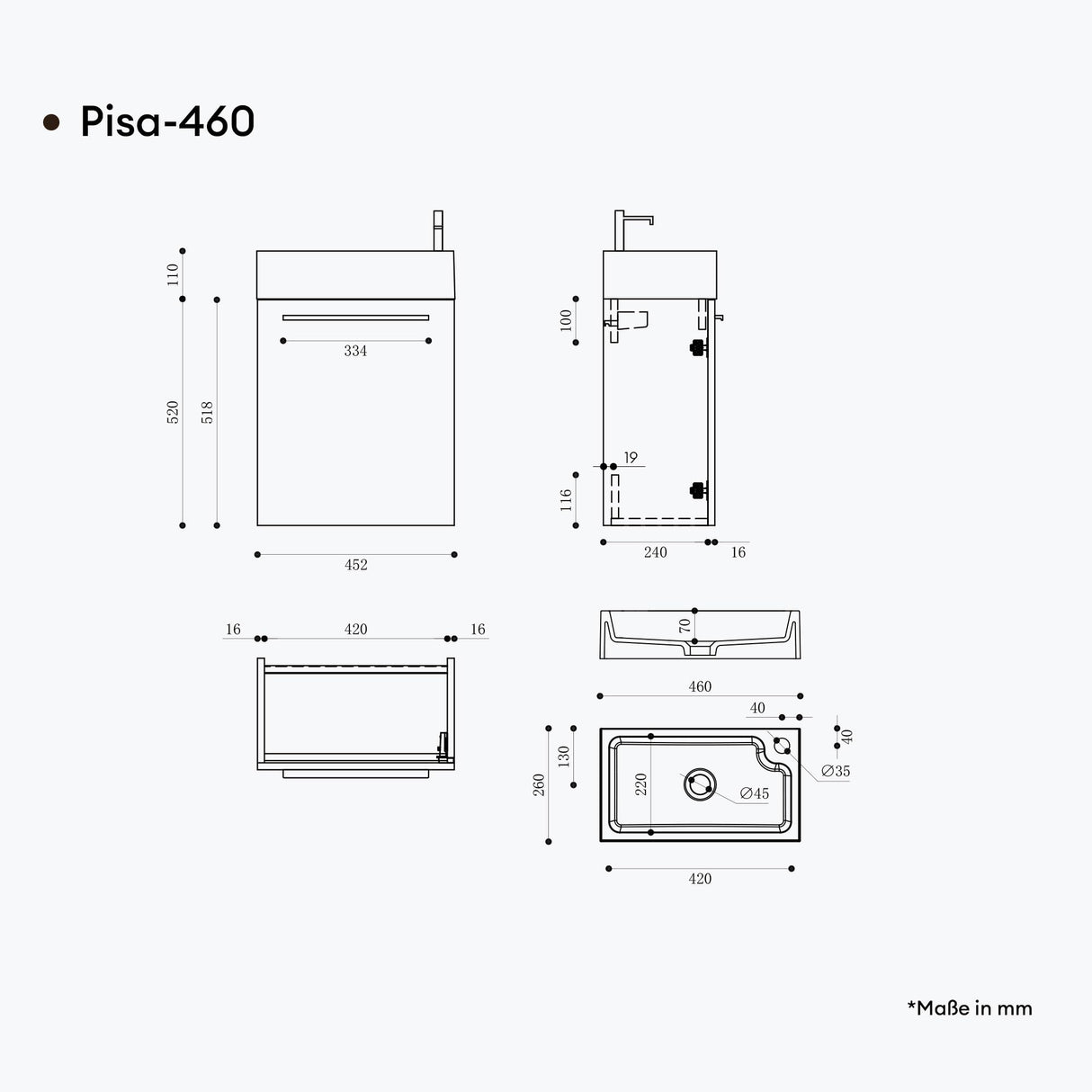 glasvilla Mobile Bagno Sospeso Include Lavabo da Minerale fuso Antracite opaco e Specchio LED Mobile da Bagno 46x26x63cm Pisa