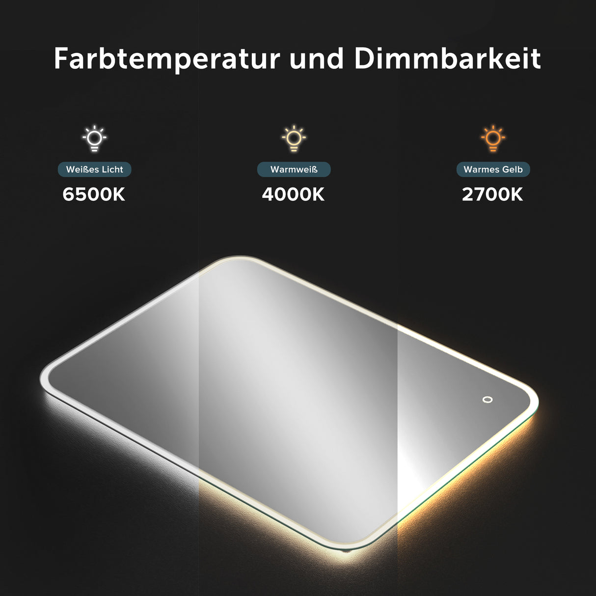 Miroir mural de salle de bain Glasvilla Miroir de salle de bain LED avec interrupteur tactile, antibuée grâce à une couche antibuée