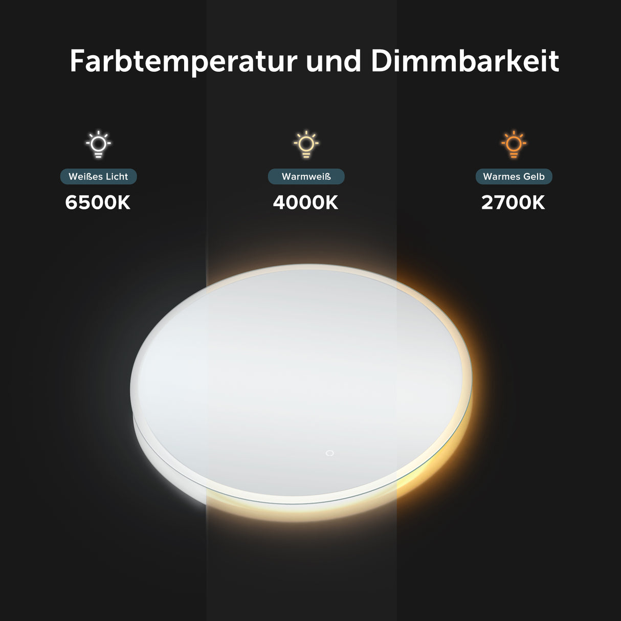 Miroir mural de salle de bain Glasvilla Miroir lumineux rond à LED Miroir de salle de bain à LED avec interrupteur tactile, couche antibuée Miroir LED 05