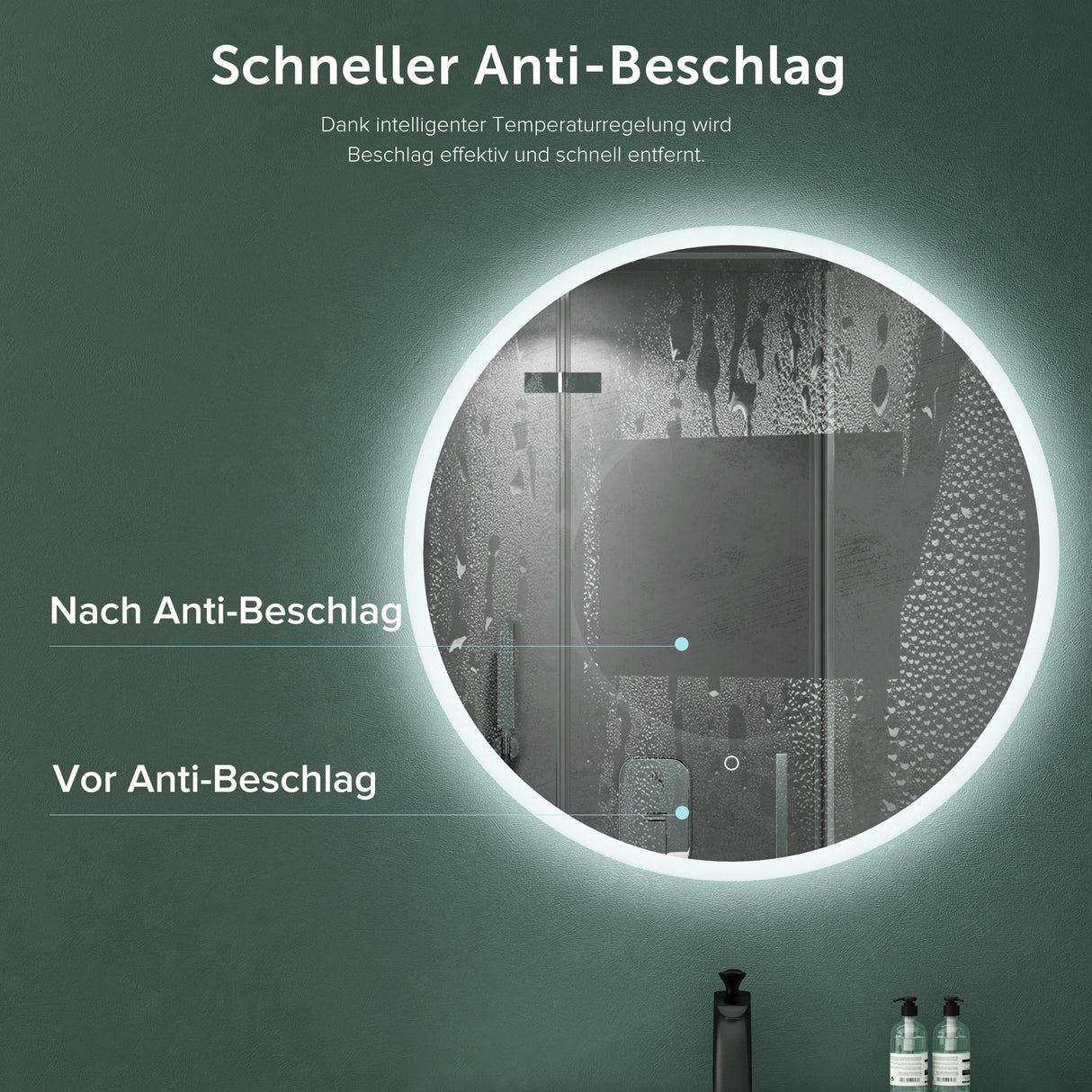 Miroir mural de salle de bain Glasvilla Miroir lumineux rond à LED Miroir de salle de bain à LED avec interrupteur tactile, couche antibuée Miroir LED 05