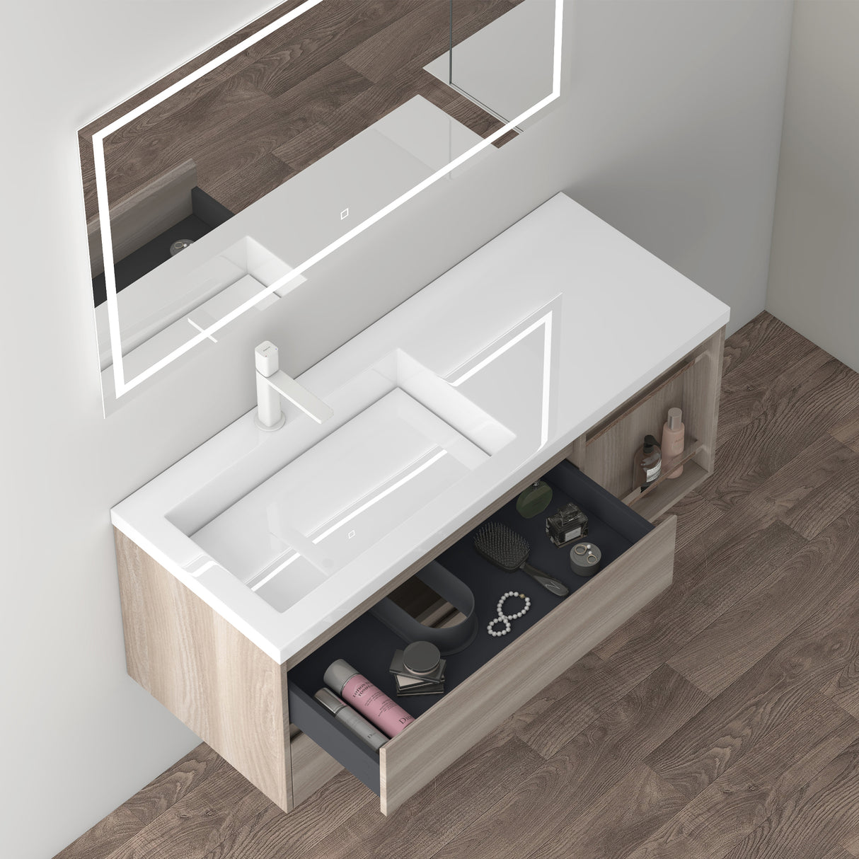 glasvilla Mobile Bagno Sospeso 120x46x49cm Mobiletto da Bagno con Lavabo da Marmo Fuso Open