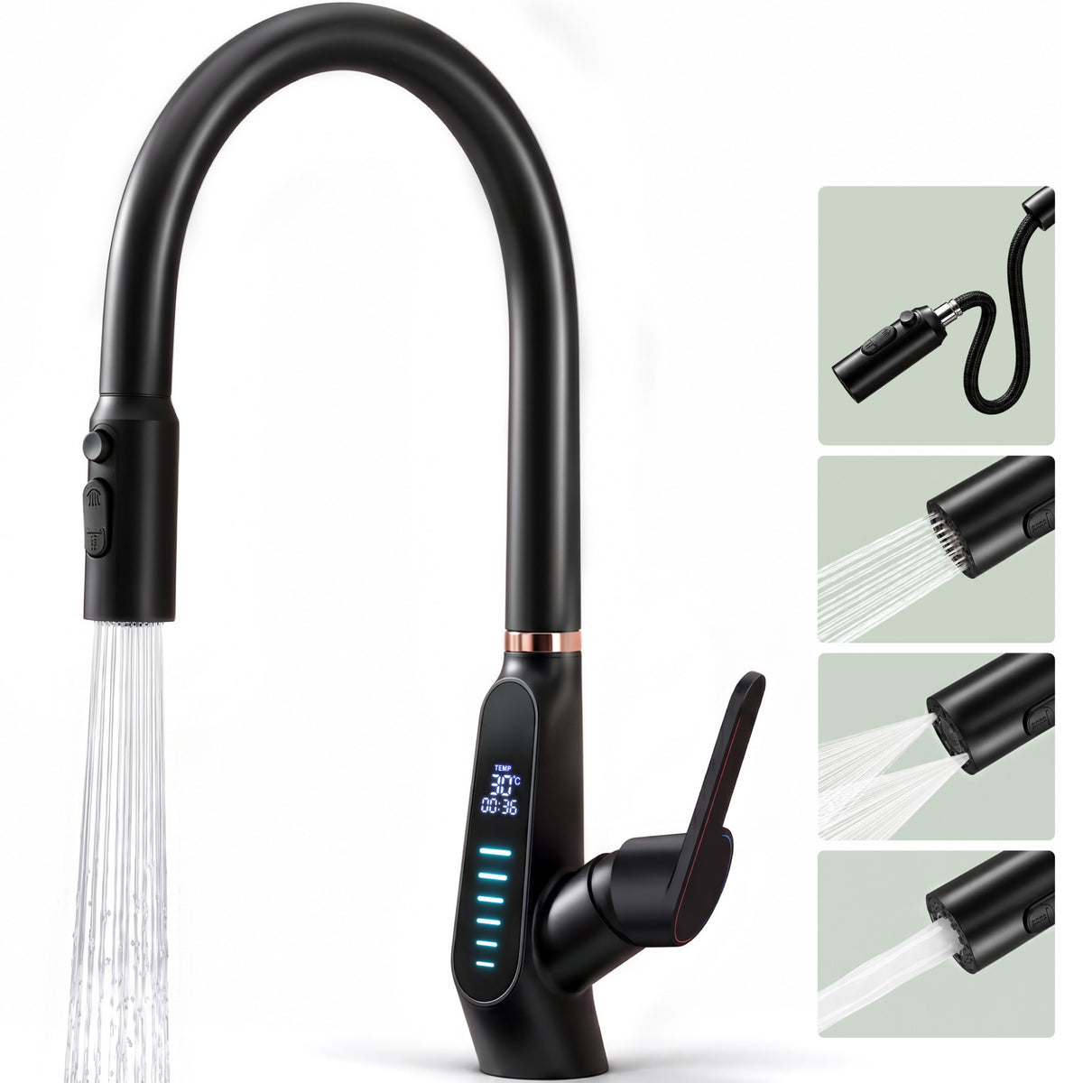 glasvilla Wasserhahn Küche Küchenarmatur ausziehbar 360° drehbar 3 Wasserstrahl-Modi LED-Digitalanzeige Küchenwasserhahn Spültischarmatur MS-8085
