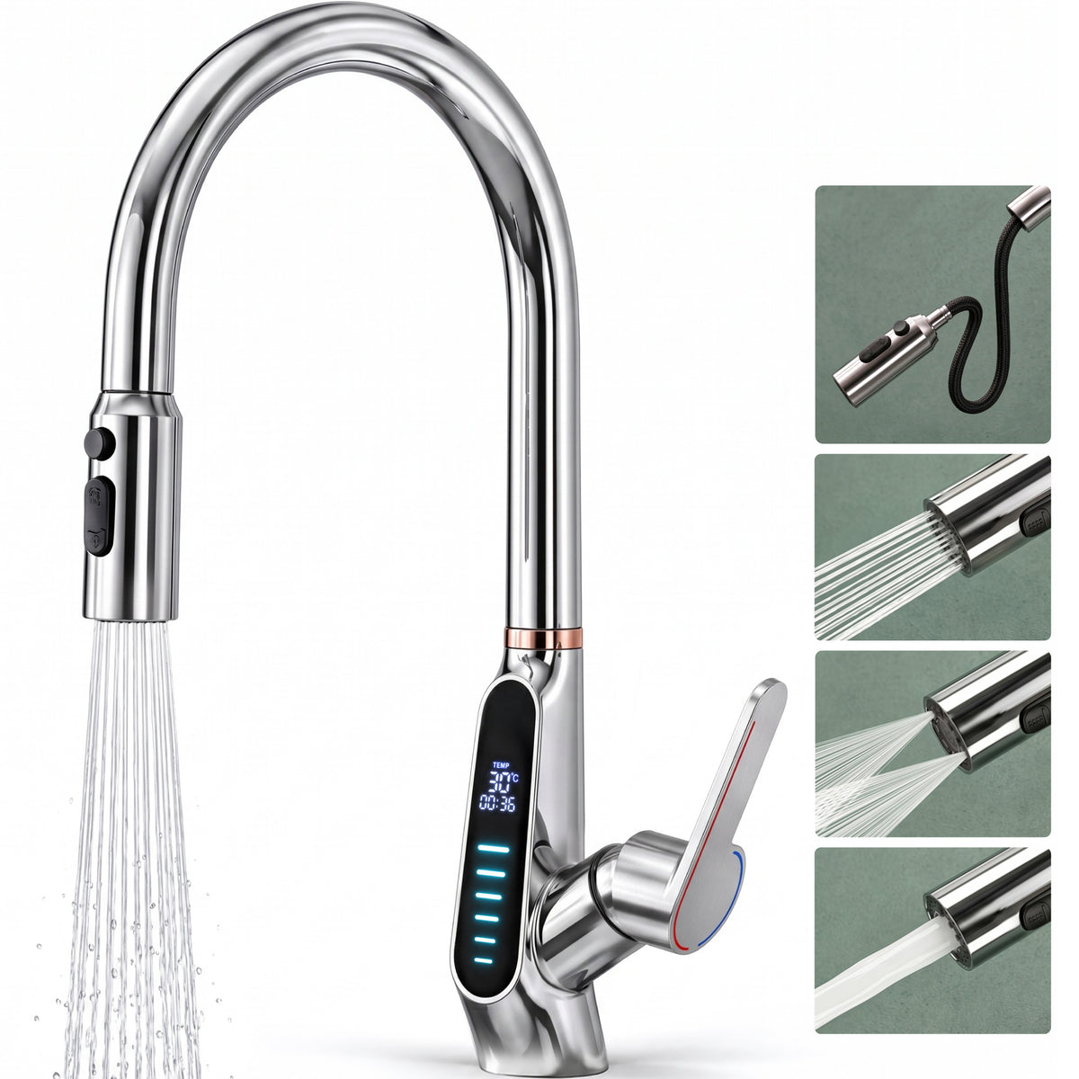 glasvilla Wasserhahn Küche Küchenarmatur ausziehbar 360° drehbar 3 Wasserstrahl-Modi LED-Digitalanzeige Küchenwasserhahn Spültischarmatur MS-8085
