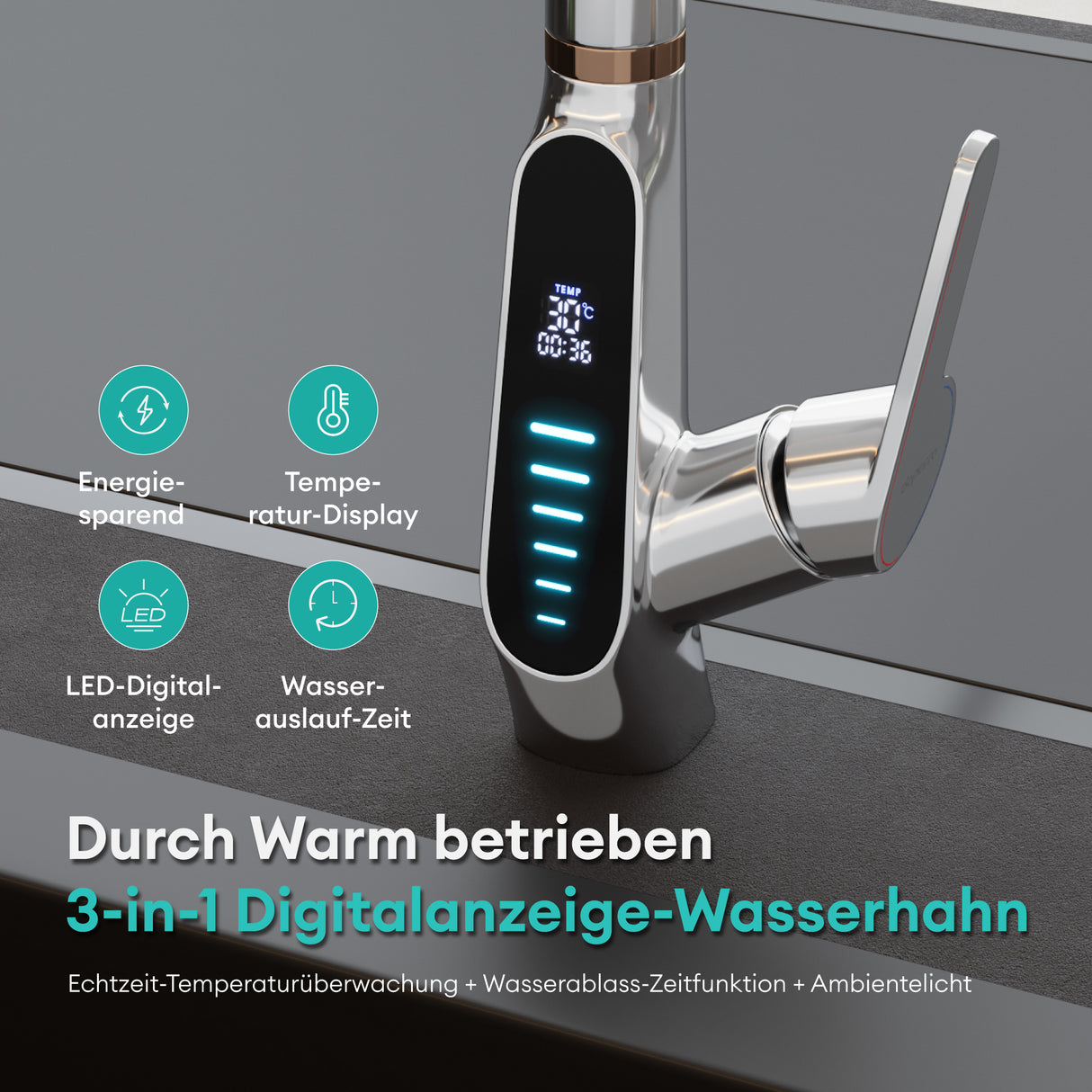 glasvilla Wasserhahn Küche Küchenamatur ausziehbar 360° drehbar 3 Wasserstrahl-Modi LED-Digitalanzeige Küchenwasserhahn Spültischarmatur MS-8085