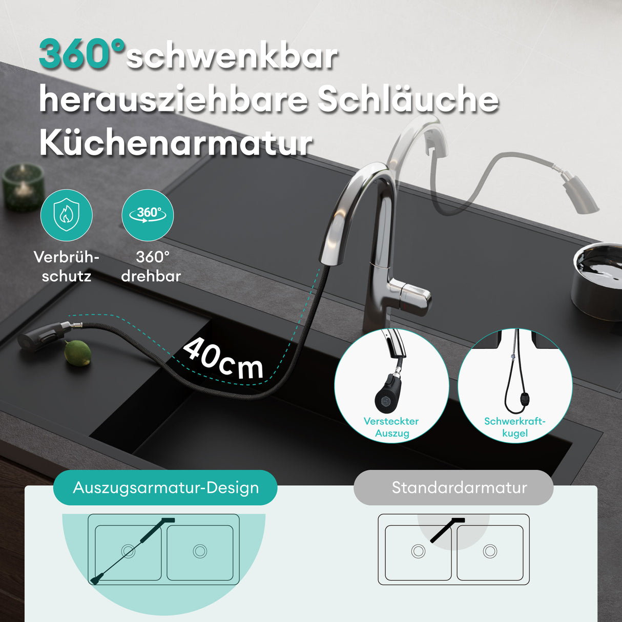 glasvilla Wasserhahn Küche Spültischarmatur Küchenamatur Mischbatterie mit Einhebelmischer 360° Schwenkbar Küchenwasserhahn aus Messing MS-8095