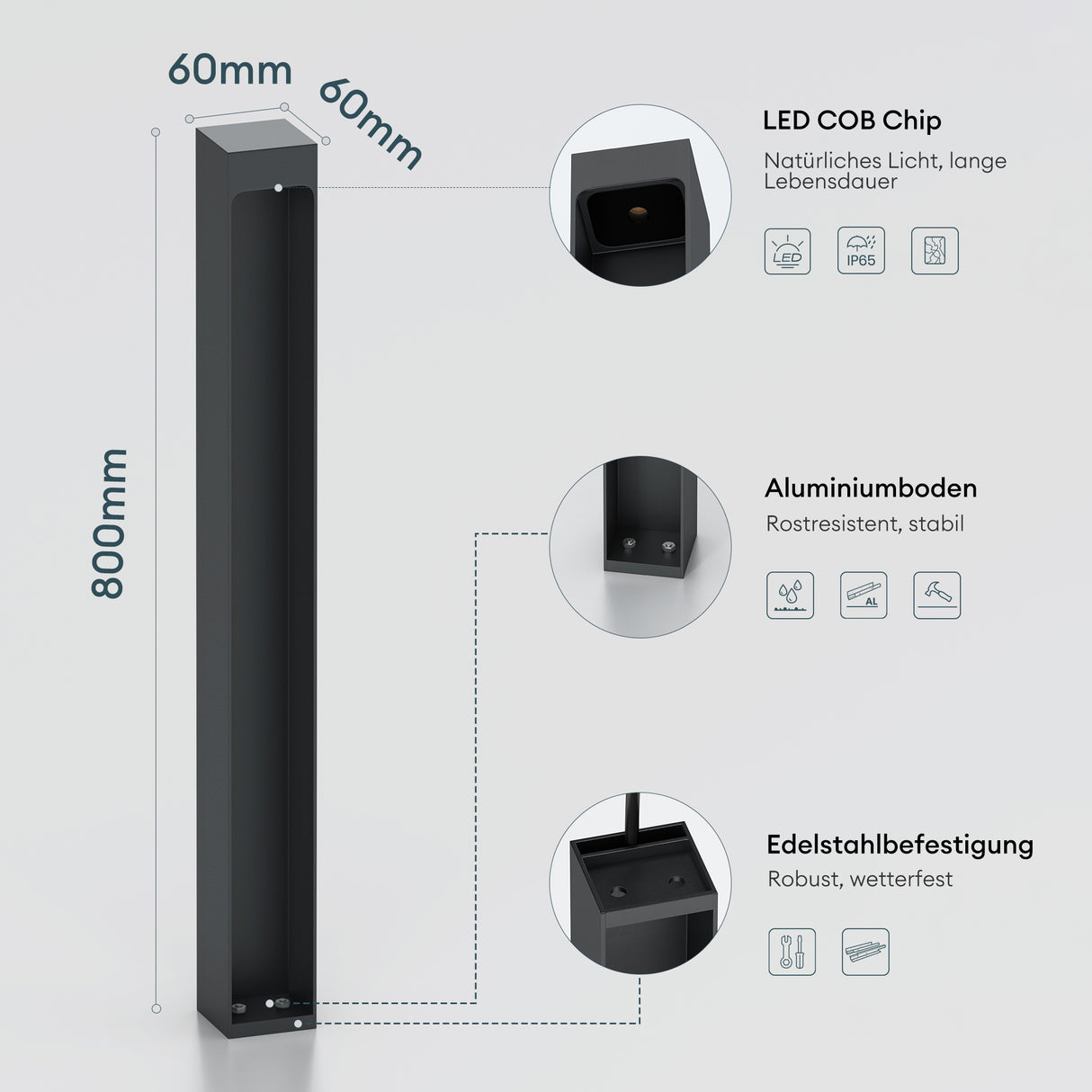 glasvilla Lampione da Giardino IP65 Lampada da Terra per Esterni 3000K Paletti Esterni per Giardini, Parchi, Aree Residenziali e Ingressi 5W BaldersLights