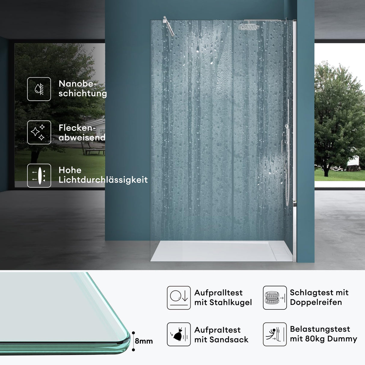 glasvilla Box Doccia Walk-In in Vetro 10mm Parete Doccia in Vetro di Sicurezza ESG con Rivestimento Nano Bremen2K
