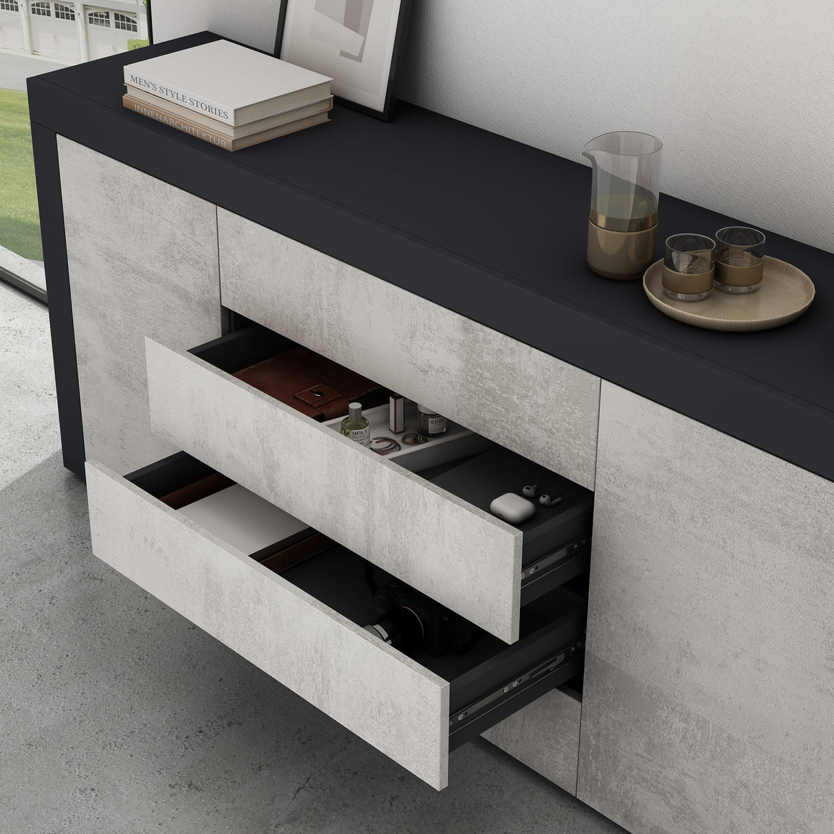 glasvilla Aparador Almacenamiento BTH: 167x36x70 cm con 2 Armarios y 4 Cajones Comoda Mueble Armario03