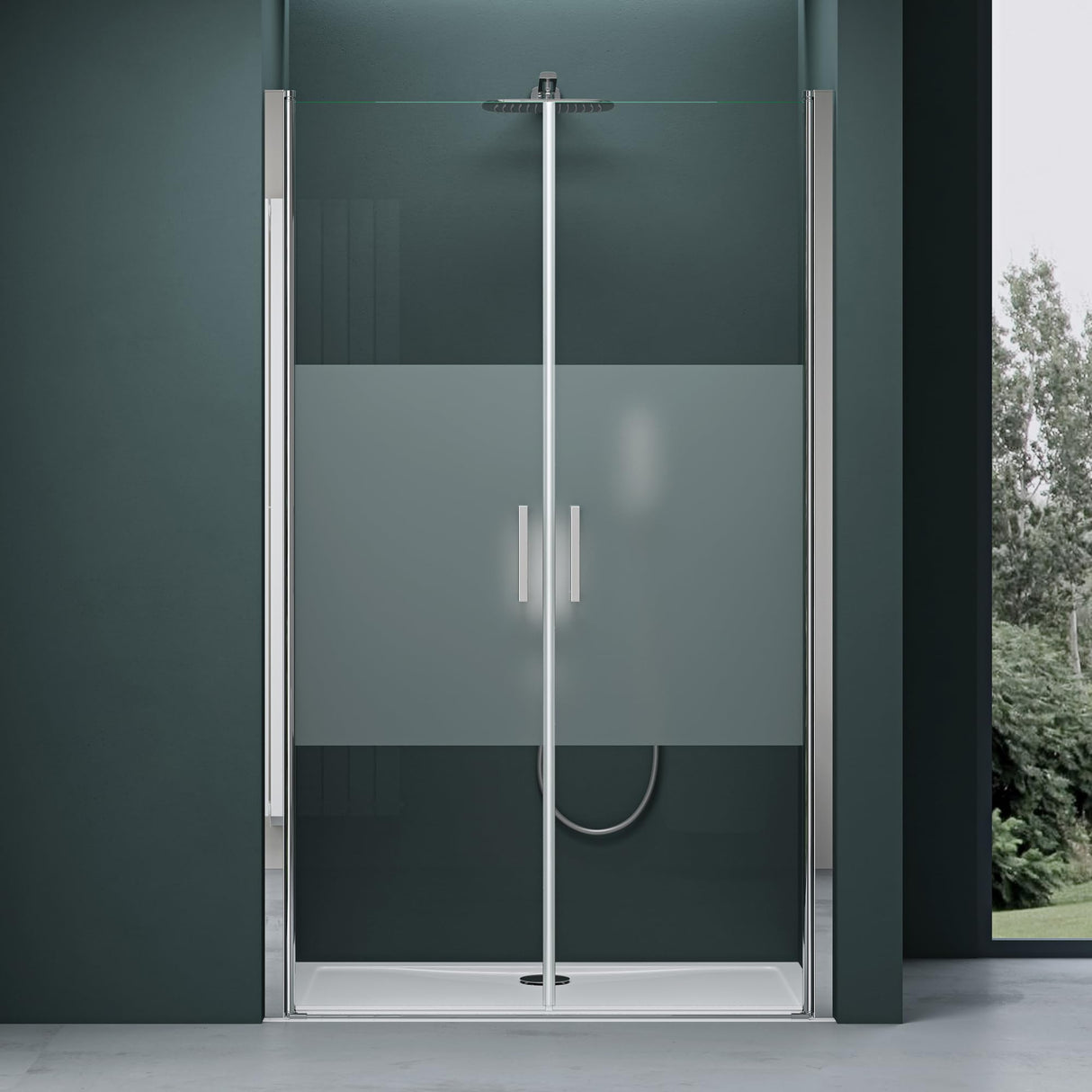 Porte de douche Glasvilla, porte de niche, cabine de douche, porte battante 180°, porte double, revêtement nano ESG 6 mm, verre clair/satiné, rayé/entièrement satiné avec mécanisme de levage et d'abaissement, Teramo24VS