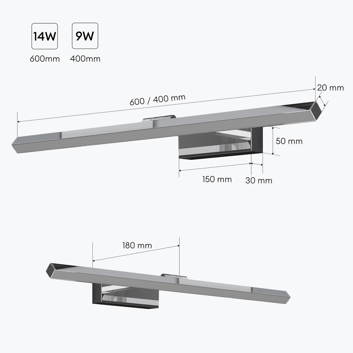 glasvilla Spiegelleuchte LED Badlampe | Spiegellampe, 4000K Badezimmer Lampe | 180° Drehbar 9W Strahlenschön