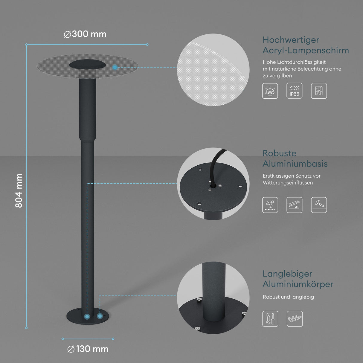 Luminaire extérieur glasvilla ⌀300xH804mm IP65 éclairage de chemin extérieur | Borne lumineuse pour jardin, lampadaire 3000K, lampe de jardin | Lampadaire d'extérieur 6W StellaeLights