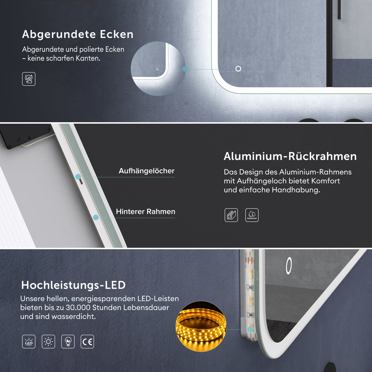 Miroir mural de salle de bain Glasvilla Miroir de salle de bain LED avec interrupteur tactile, antibuée grâce à une couche antibuée