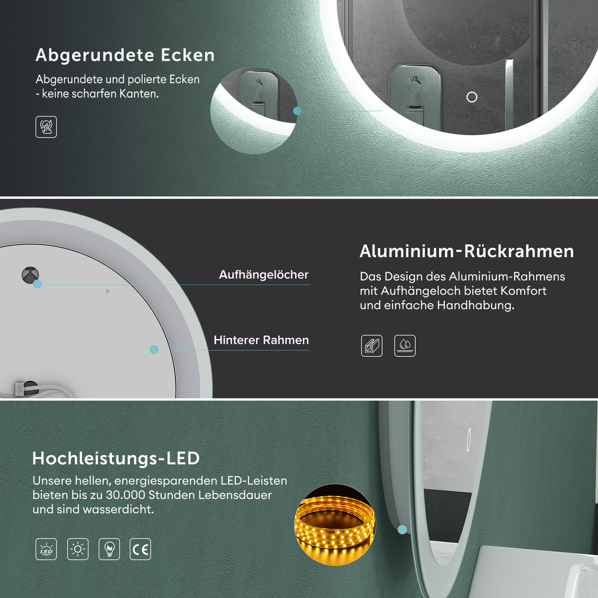 Miroir mural de salle de bain Glasvilla Miroir lumineux rond à LED Miroir de salle de bain à LED avec interrupteur tactile, couche antibuée Miroir LED 05