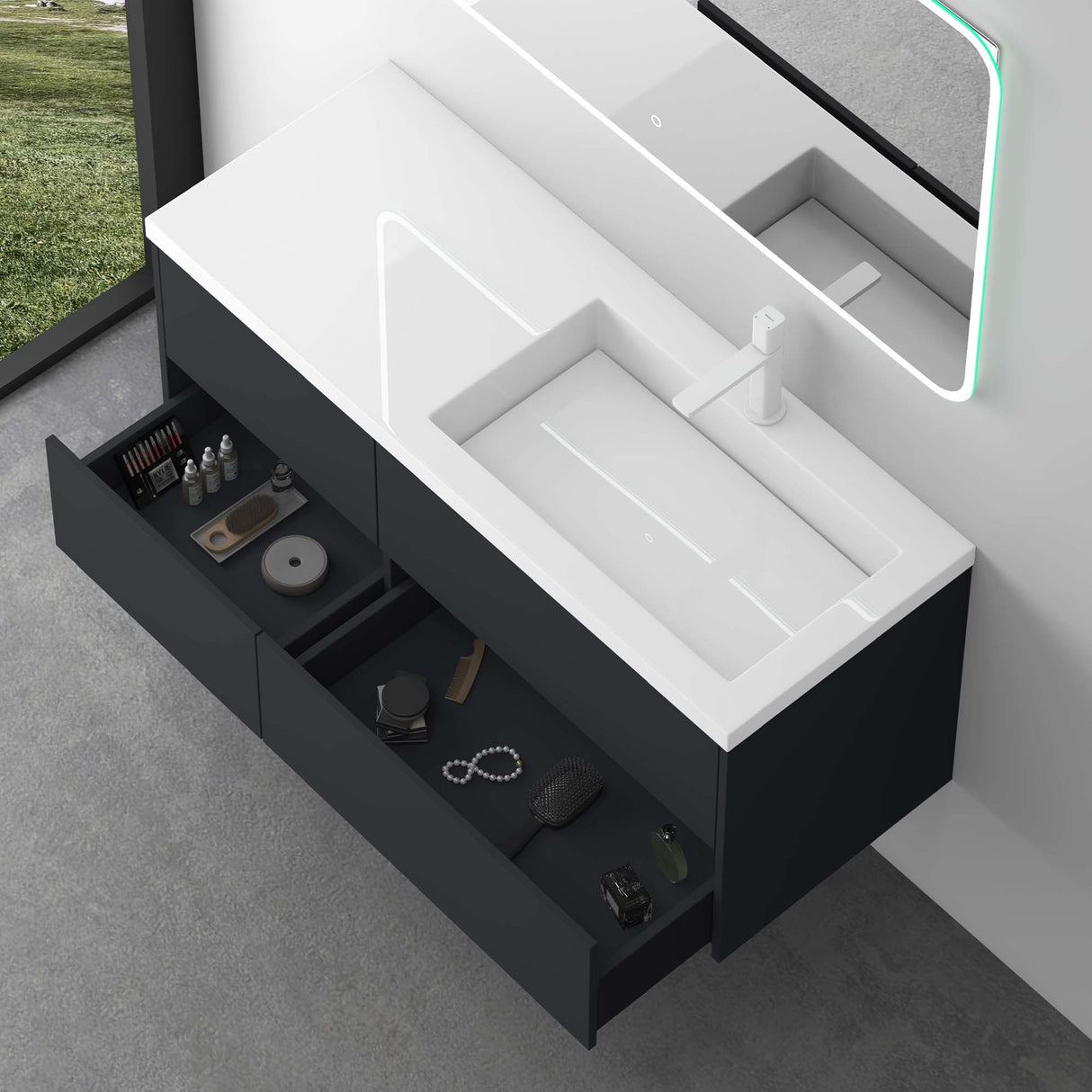 glasvilla Mobile Bagno Sospeso 120cm, Mobile da Bagno con 4 Cassetti a Chiusura Soft-Close e Lavabo da Marmo fuso, Moment