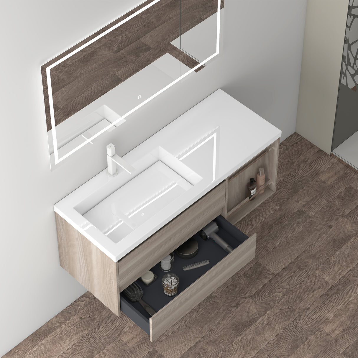 glasvilla Mobile Bagno Sospeso 120x46x49cm Mobiletto da Bagno con Lavabo da Marmo Fuso Open
