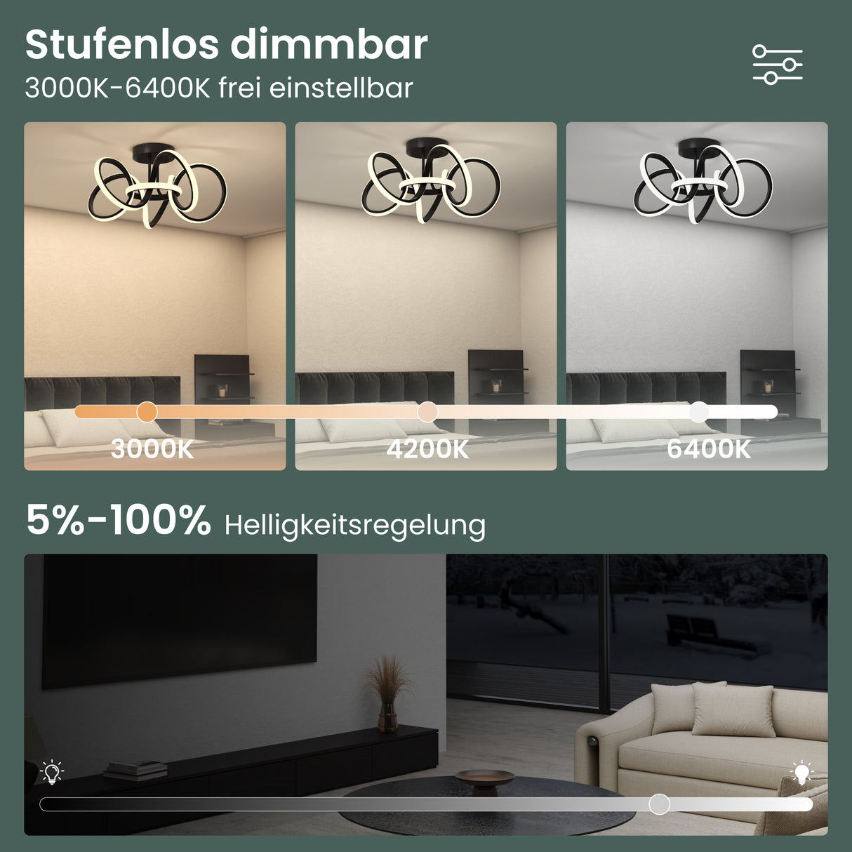 glasvilla LED Deckenleuchte Deckenlampe mit Fernbedienung, Stufenlos dimmbar 3000-6400K, flimmerfreie Zimmerlampe 65W Schwarz für Schlafzimmer, Wohnzimmer, Arbeitszimmer, Flur