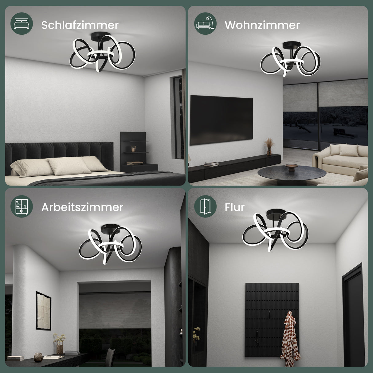 Glasvilla Design – Lámpara de techo LED negra con mando a distancia, regulable 3000–6400K, sin parpadeo (65W)