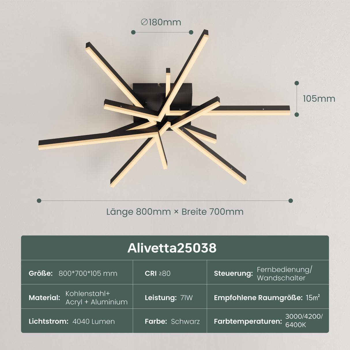 glasvilla LED Deckenleuchte Deckenlampe mit Fernbedienung 80cm, Stufenlos dimmbar 3000-6400K, Zimmerlampe 71W Schwarz für Schlafzimmer, Wohnzimmer, Arbeitszimmer, Flur Alivetta25038