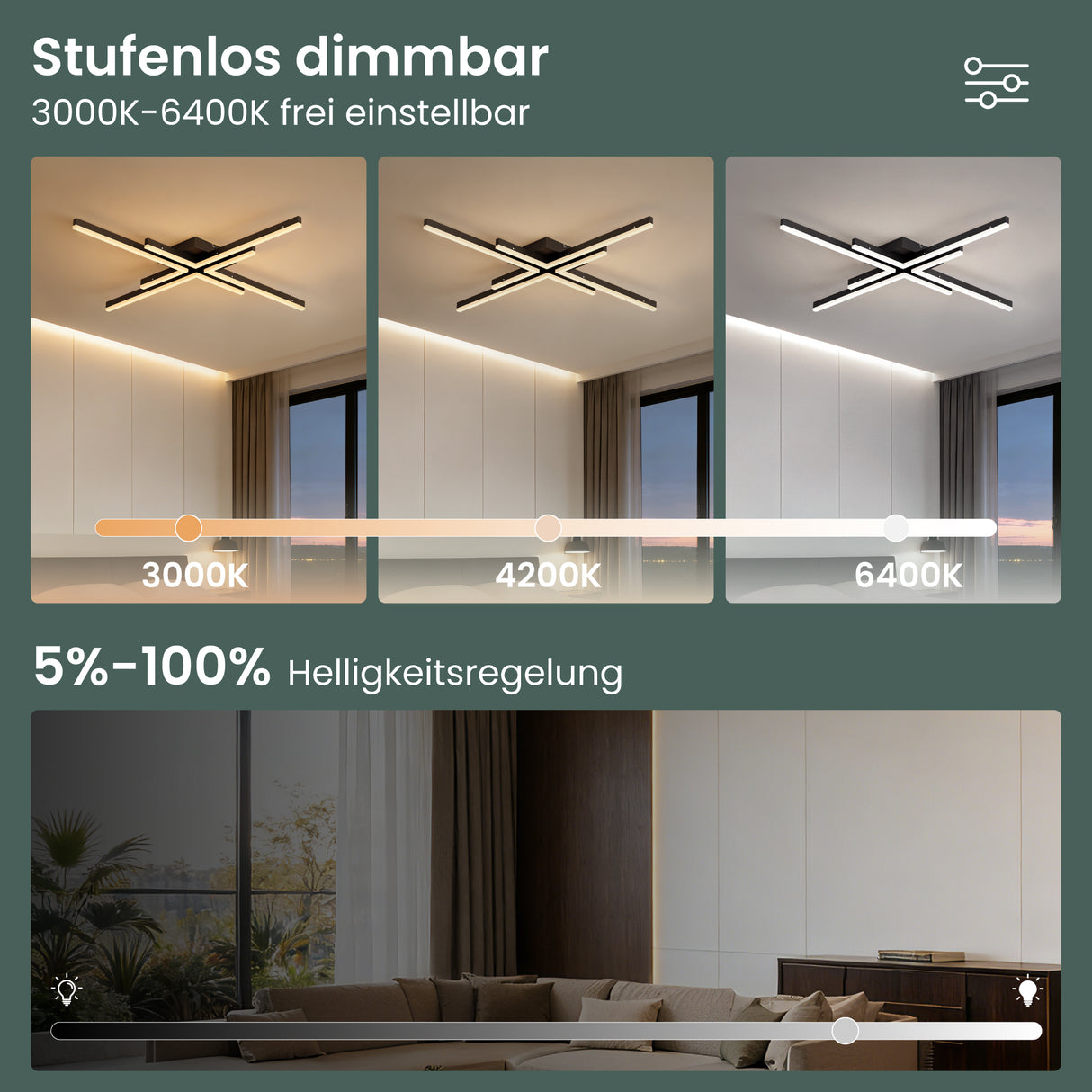 glasvilla LED Deckenleuchte Deckenlampe mit Fernbedienung 795mm, Stufenlos dimmbar 3000-6400K, Zimmerlampe 48W Schwarz für Schlafzimmer, Wohnzimmer, Arbeitszimmer, Flur Alivetta25039