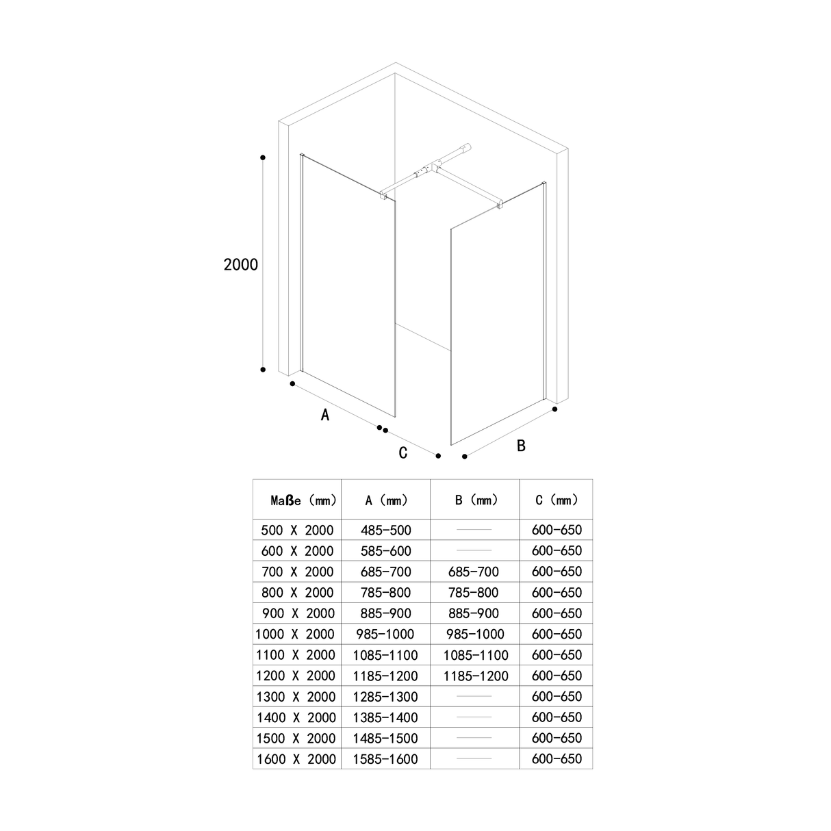 glasvilla Box Doccia Walk-In Due Lati Fissi, Parete Doccia in Vetro Trasparente 8mm di Sicurezza ESG con Rivestimento Nano, Cabina Doccia Bremen01K/MS-T