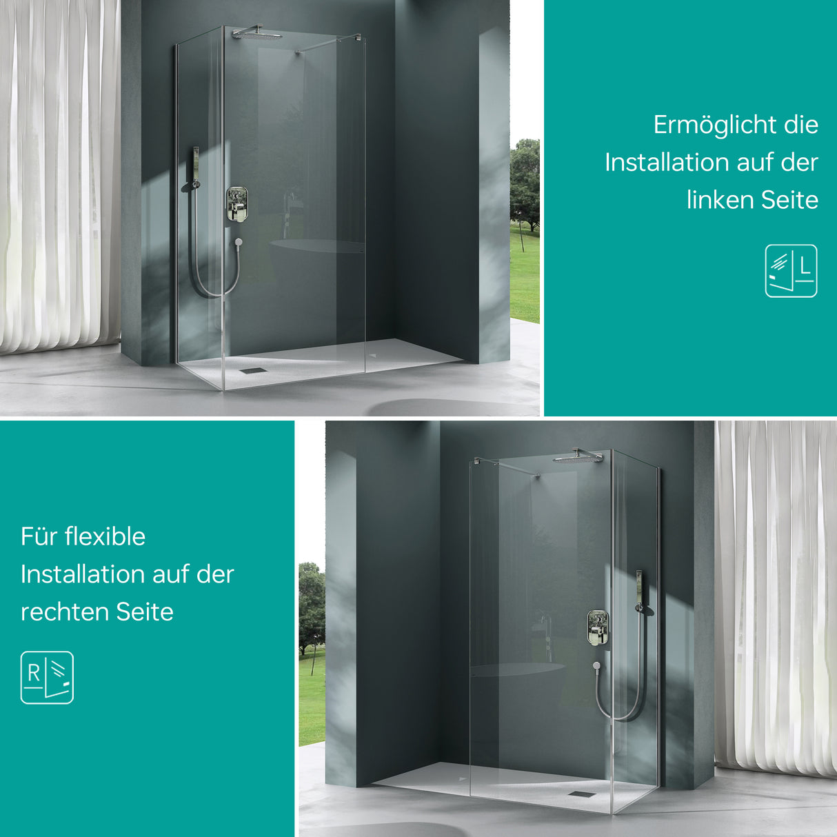 glasvilla Box Doccia Walk-In, Parete Doccia in Vetro Trasparente 8mm di Sicurezza ESG con Stabilizzatore Rettangolare, Cabina Doccia in Vetro con Nano Rivestimento BremenL