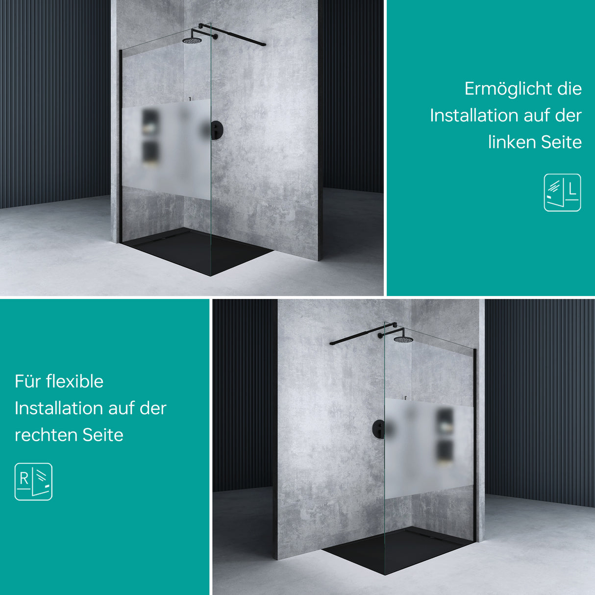 glasvilla Duschwand für Dusche Duschabtrennung Walk-In ESG-Sicherheitsglas 10mm NANO Glas BRAM1&BRAM3 Bremen2 Schwarz