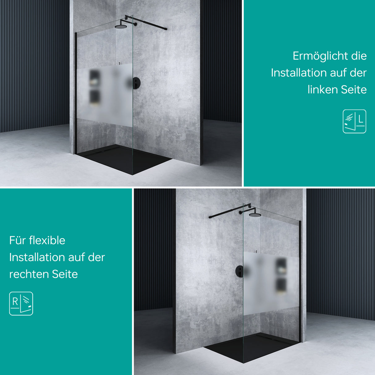 glasvilla Duschwand für Dusche Duschabtrennung Walk-In ESG-Sicherheitsglas 10mm NANO Glas BRAM1&BRAM3 Bremen2 Schwarz