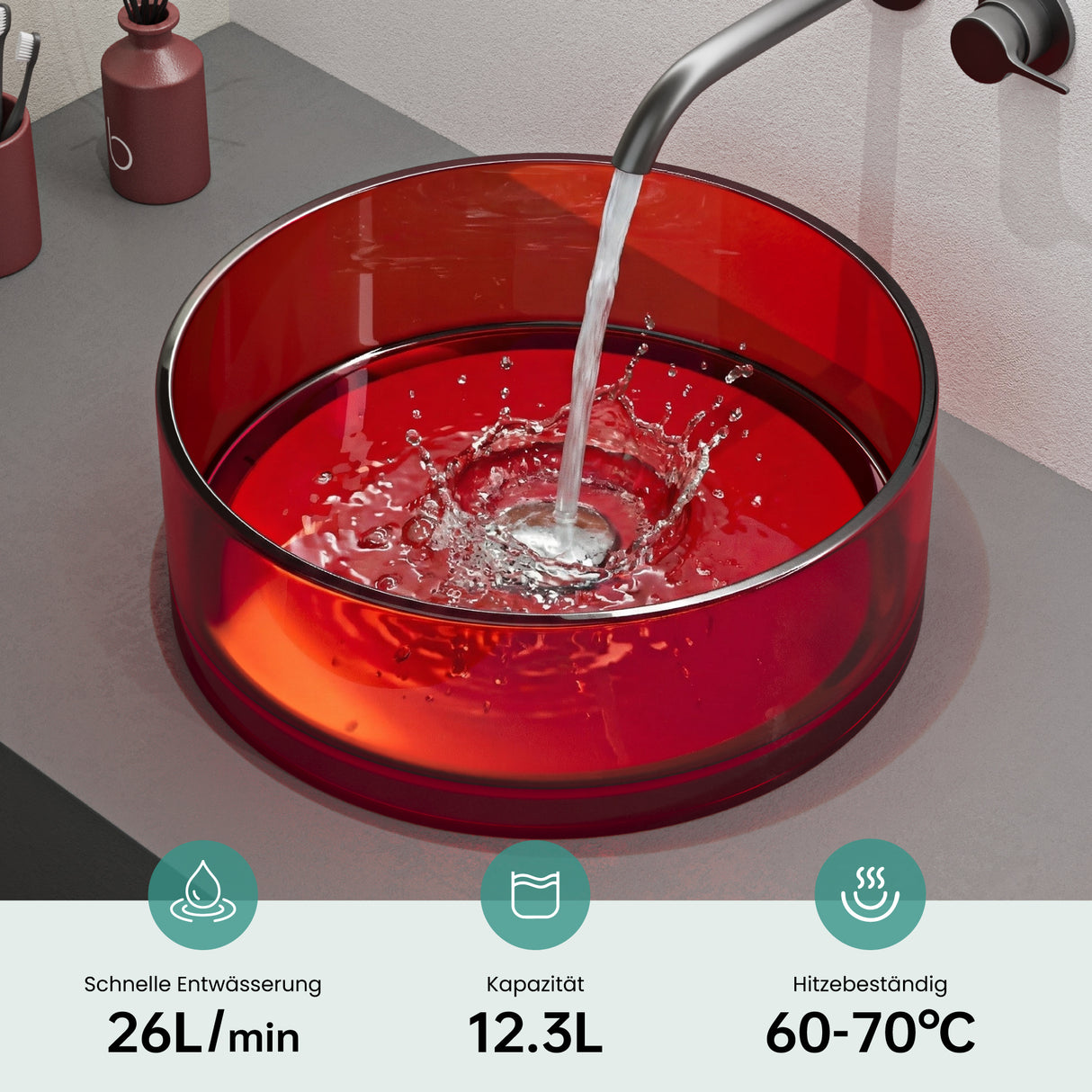 glasvilla Lavabo da Appoggio in Resina, Lavabo da Bagno senza Foro Rubinetto e Troppopieno, Coloria01