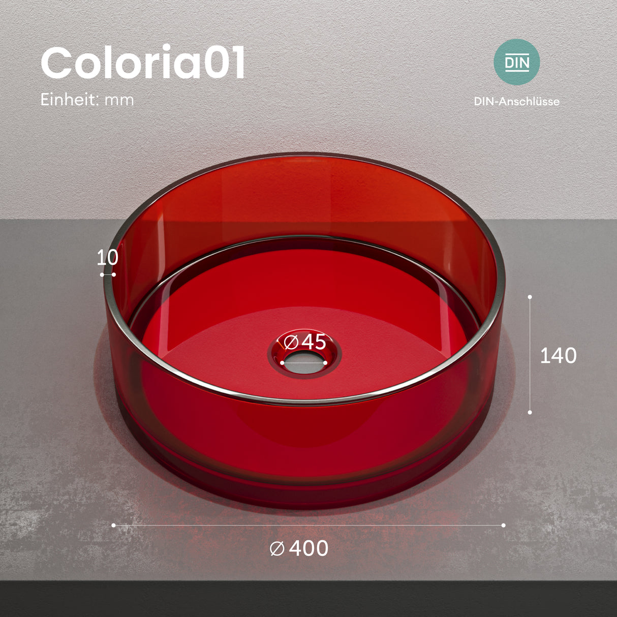 glasvilla Lavabo da Appoggio in Resina, Lavabo da Bagno senza Foro Rubinetto e Troppopieno, Coloria01