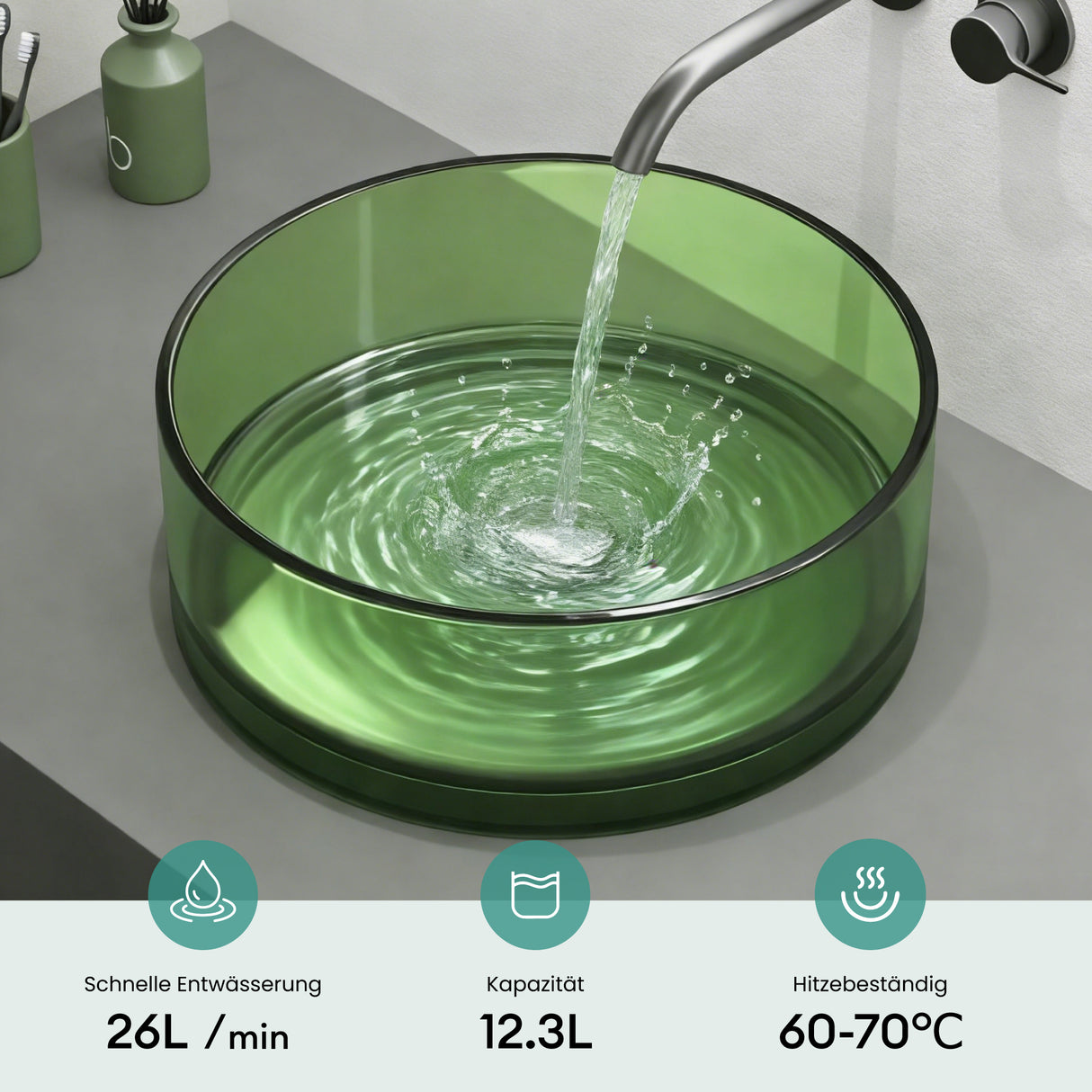 glasvilla Lavabo da Appoggio in Resina, Lavabo da Bagno senza Foro Rubinetto e Troppopieno, Coloria01