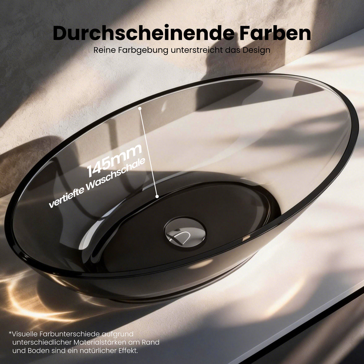 glasvilla Lavabo da Appoggio in Resina 63x34x17cm, Lavabo da Bagno Ovale senza Foro Rubinetto e Troppopieno, Coloria02