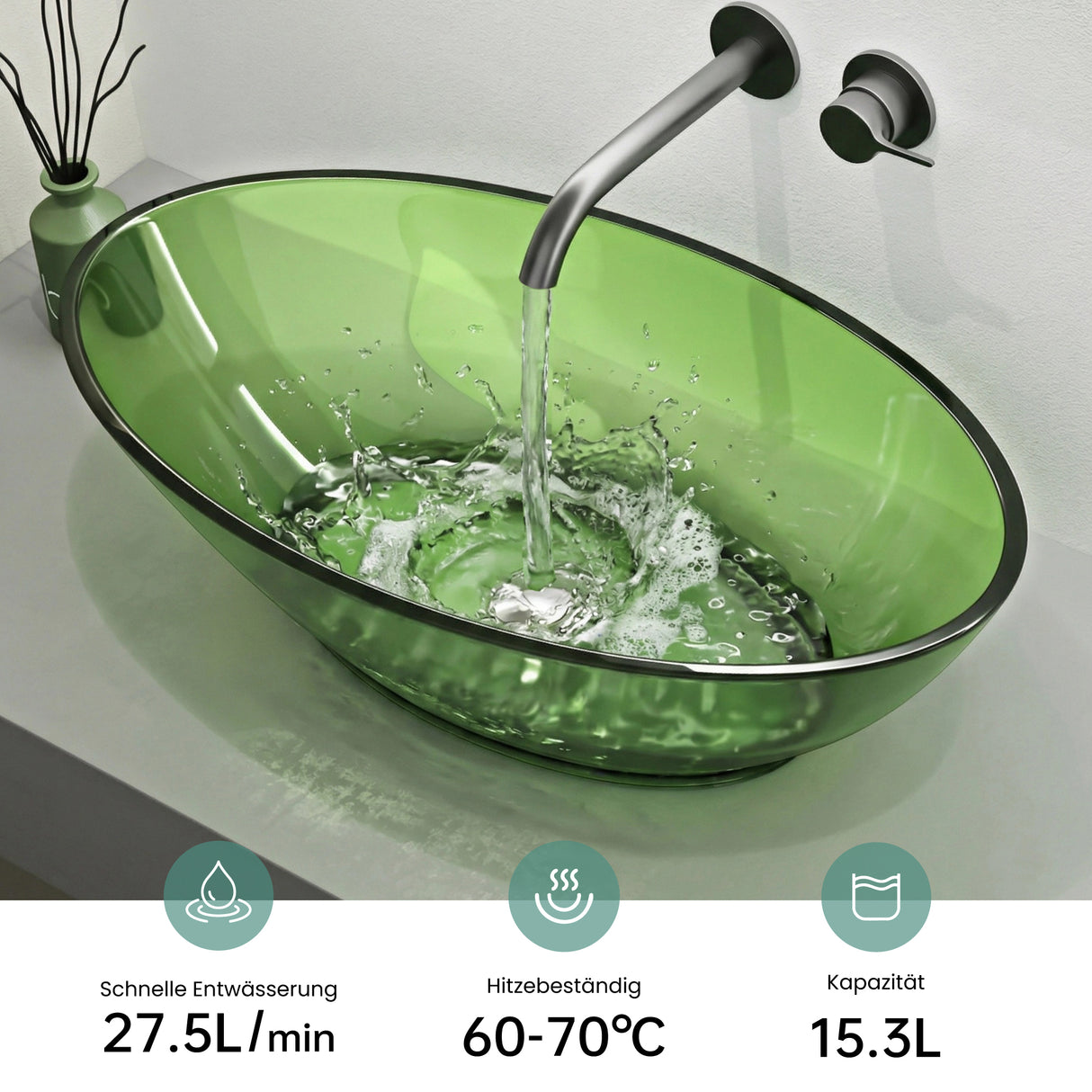 glasvilla Lavabo da Appoggio in Resina 63x34x17cm, Lavabo da Bagno Ovale senza Foro Rubinetto e Troppopieno, Coloria02