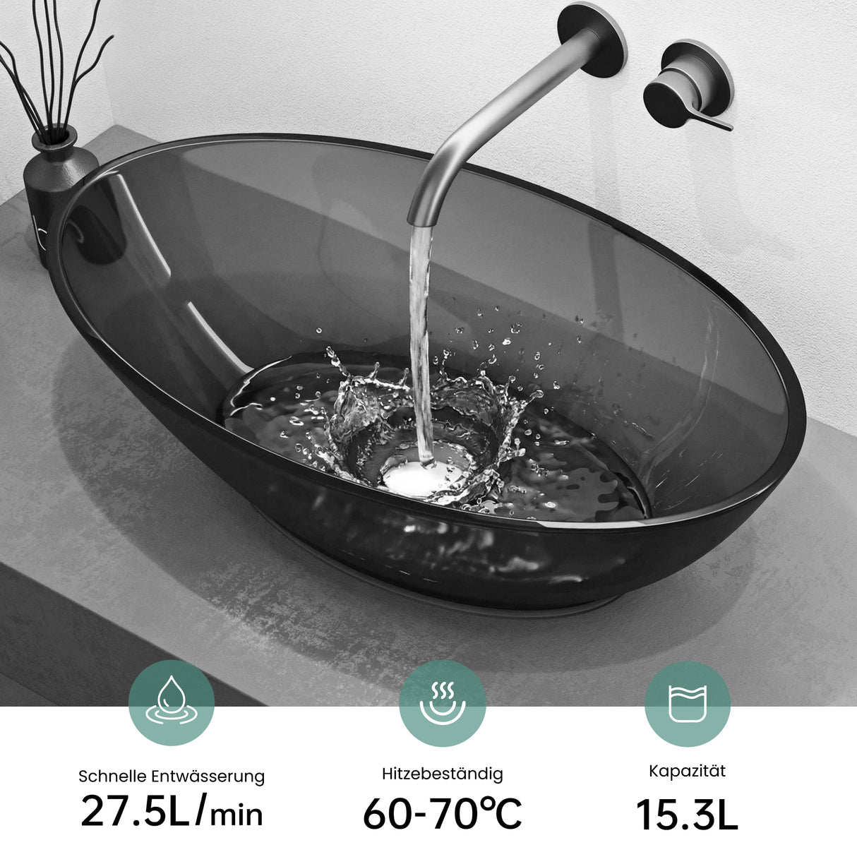 glasvilla Lavabo da Appoggio in Resina 63x34x17cm, Lavabo da Bagno Ovale senza Foro Rubinetto e Troppopieno, Coloria02