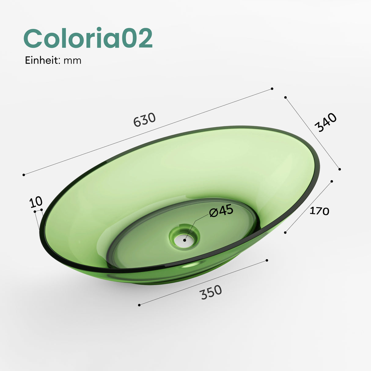 glasvilla Lavabo da Appoggio in Resina 63x34x17cm, Lavabo da Bagno Ovale senza Foro Rubinetto e Troppopieno, Coloria02