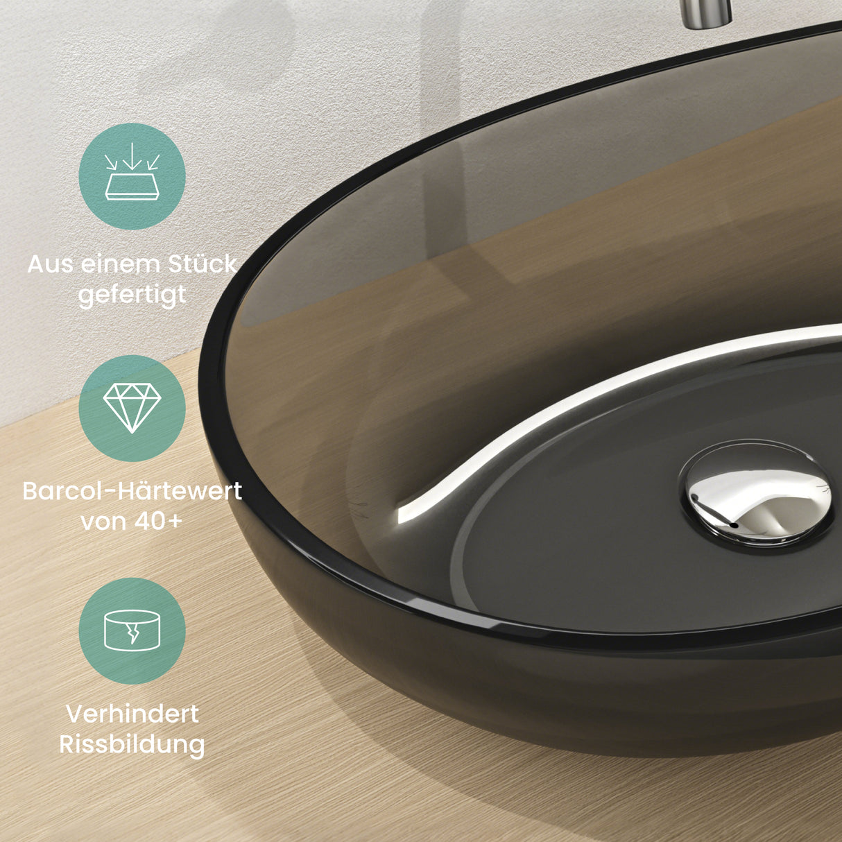 glasvilla Waschbecken Aufsatzwaschbecken aus Kunstharz Waschschale Handwaschbecken Oval 60x36x14cm ohne Hahnloch und Überlauf Coloria04