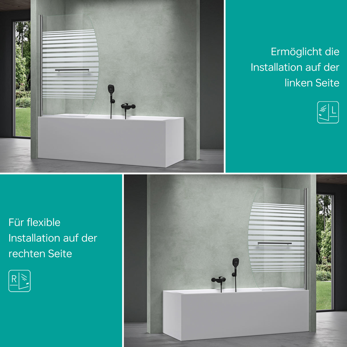 glasvilla Parete Vasca da Bagno Doccia, Parete Sopravasca 94x140cm in Vetro di Sicurezza Cabine Doccia Apertura 180° con Nano Rivestimenti Cortona112