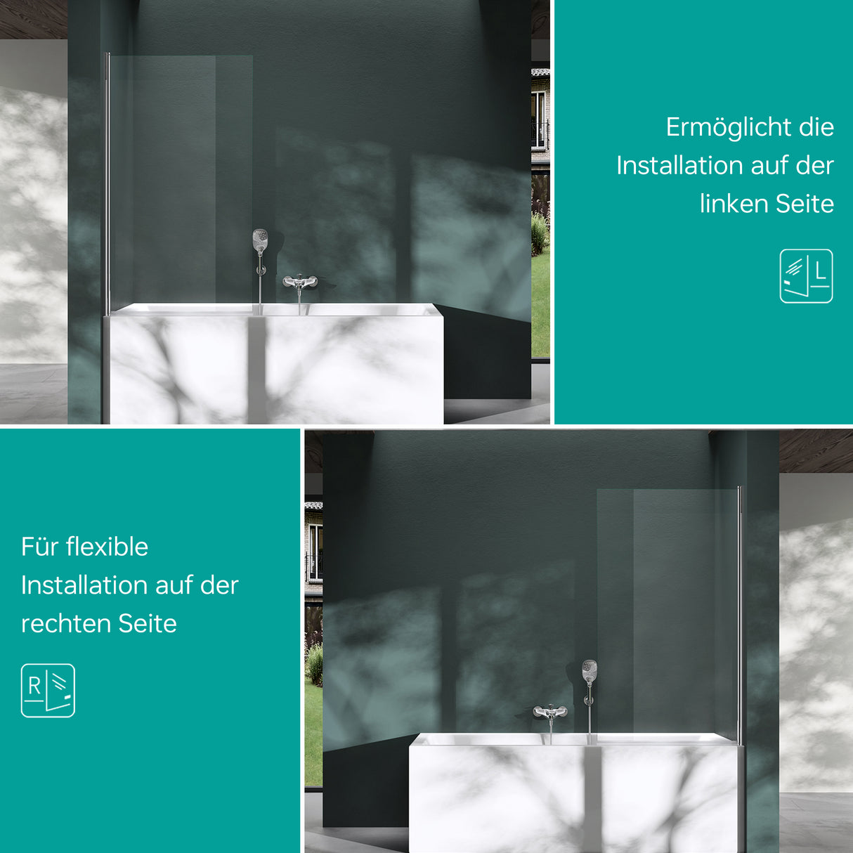 glasvilla Parete Vasca da Bagno Doccia 80x140cm, Parete Sopravasca Doccia in Vetro di Sicurezza Apertura 180° con Nano Rivestimenti e Guarnizione Cortona201