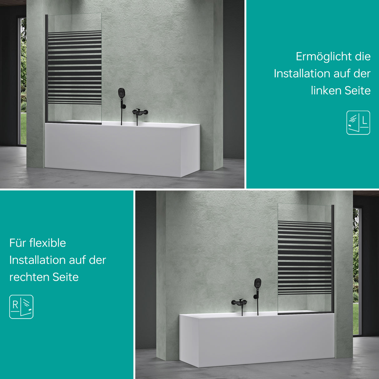 glasvilla Parete Vasca da Bagno Doccia 80x140cm, Parete Sopravasca Doccia in Vetro di Sicurezza Apertura 180° con Nano Rivestimenti e Guarnizione Cortona201