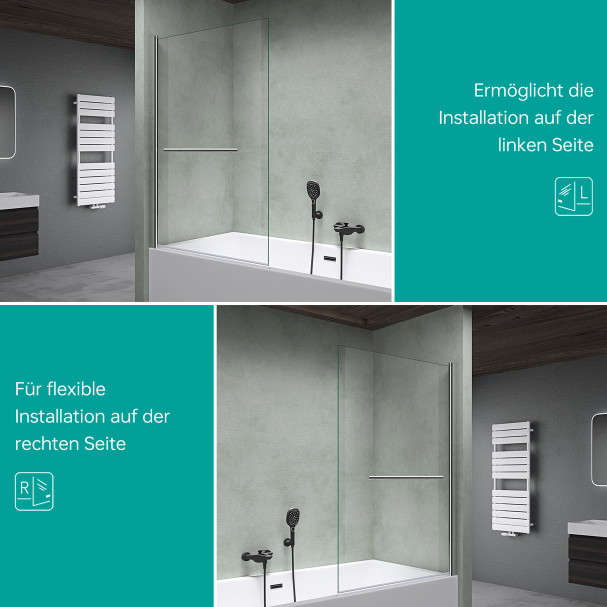 glasvilla Mampara de ducha para bañera Pared de bañera plegable 180° Vidrio de seguridad con NANO 90x140cm Tabique de bañera Accesorio para bañera Cortona1121