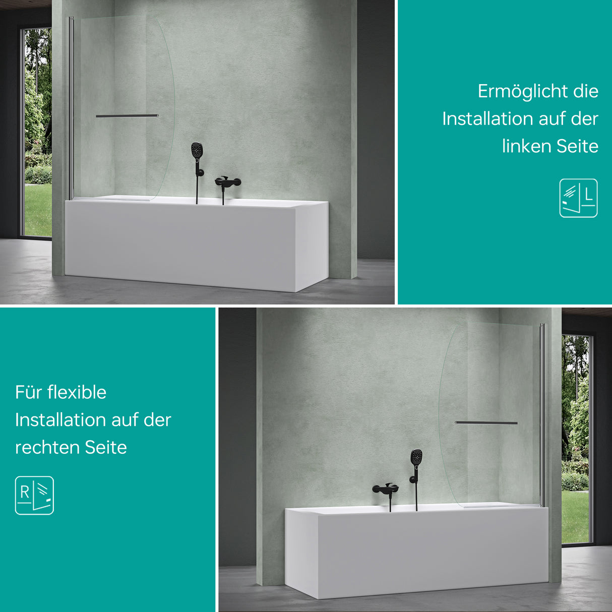 glasvilla Parete Vasca da Bagno Doccia, Parete Sopravasca 94x140cm in Vetro di Sicurezza Cabine Doccia Apertura 180° con Nano Rivestimenti Cortona112