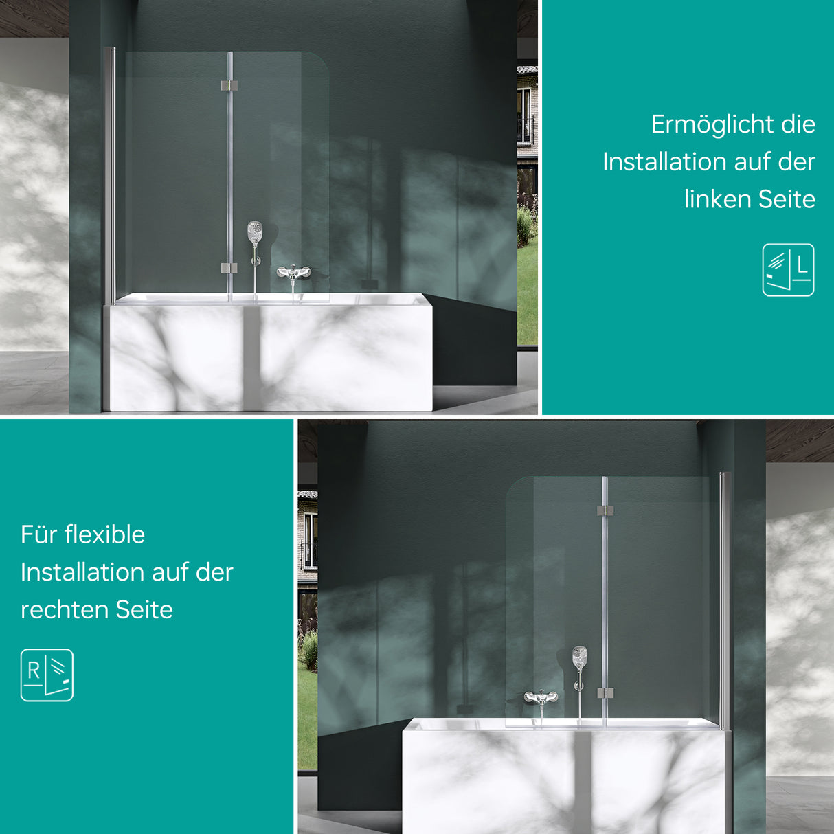 glasvilla Parete Vasca da Bagno Doccia, Parete Sopravasca 120x140cm in Vetro di Sicurezza Apertura 180° con Nano Rivestimenti Cortona1408