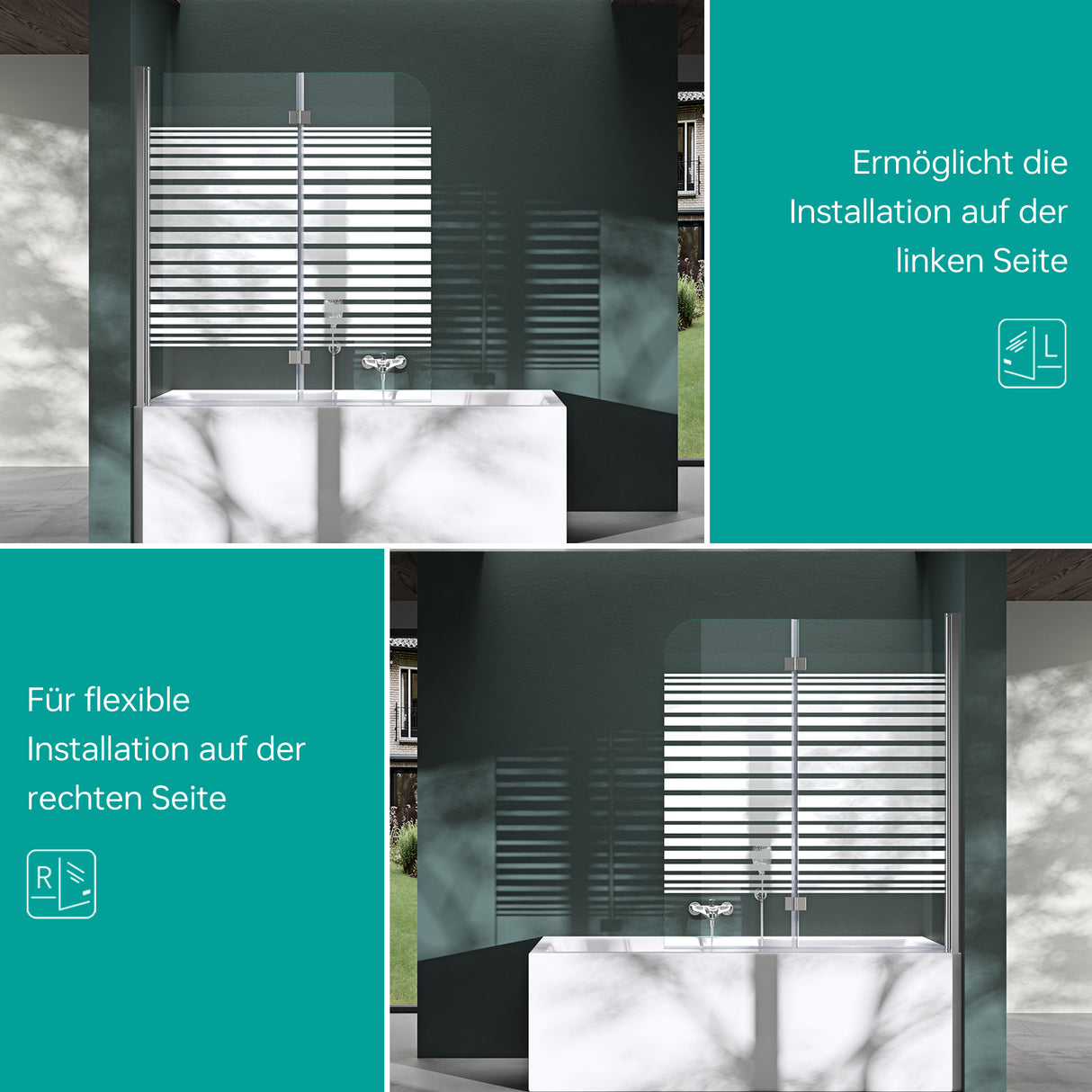 glasvilla Parete Vasca da Bagno Doccia, Parete Sopravasca 120x140cm in Vetro di Sicurezza Apertura 180° con Nano Rivestimenti Cortona1408