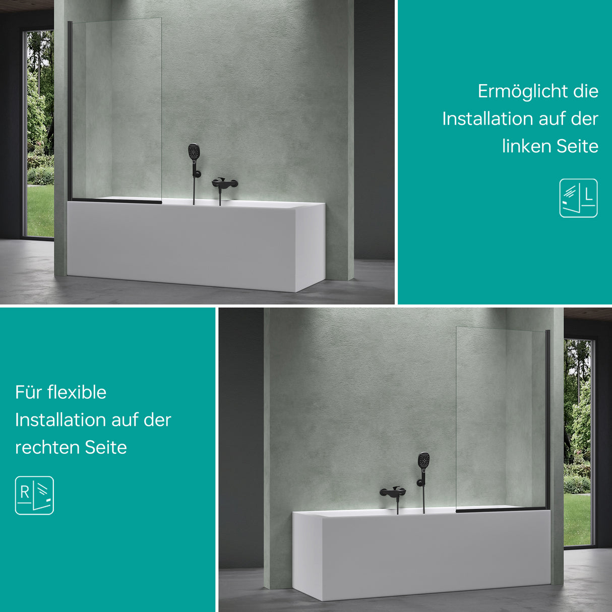 glasvilla Parete Vasca da Bagno Doccia 80x140cm, Parete Sopravasca Doccia in Vetro di Sicurezza Apertura 180° con Nano Rivestimenti e Guarnizione Cortona201